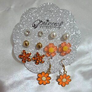 Princess Jewelry 6-Pair Earrings Set Multicolor Flower Pearl & Rhinestone Stud